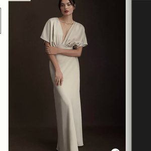 BHLDN Leila Deep-V Flutter-Sleeve Satin A-Line Gown